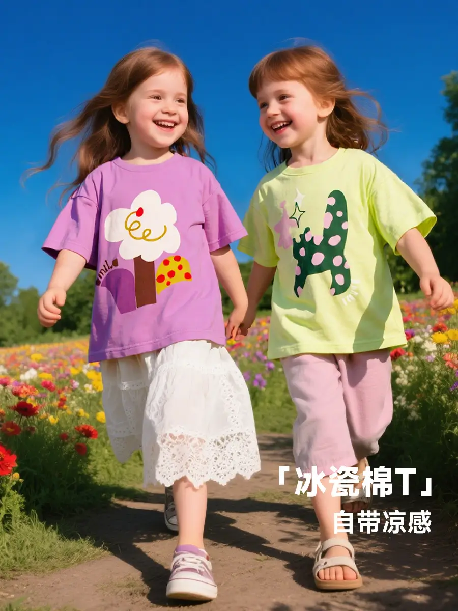 Girls Cool Ice Cotton T-Shirt Summer Cartoon Short Sleeve
