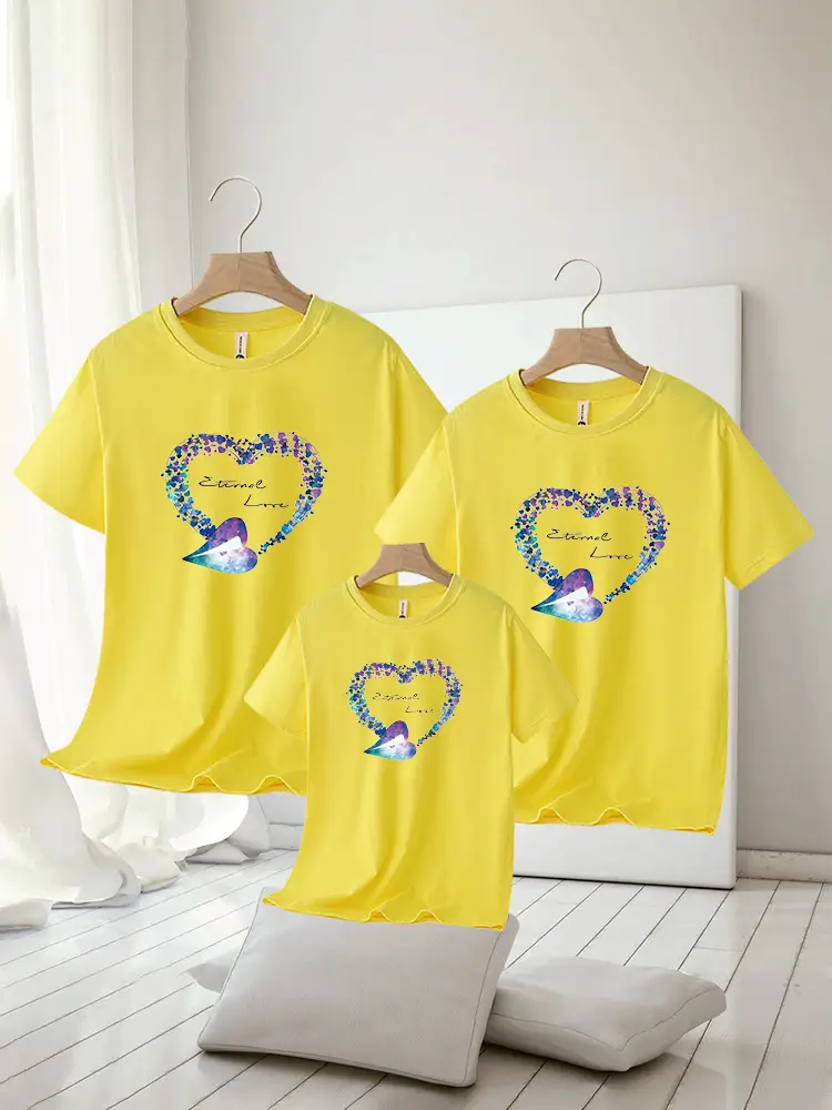 Family of Three Matching T-Shirts with Heart Design Summer 2025