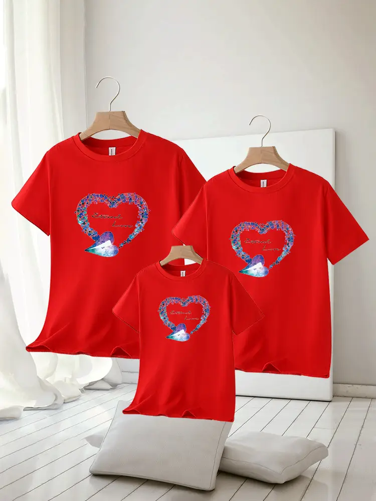 Family of Three Matching T-Shirts with Heart Design Summer 2025