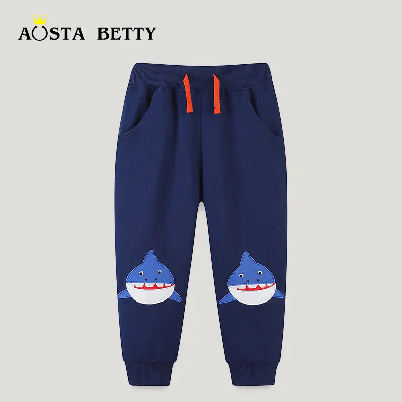 Kids Shark Print Sweatpants Navy Blue with Orange Drawstring