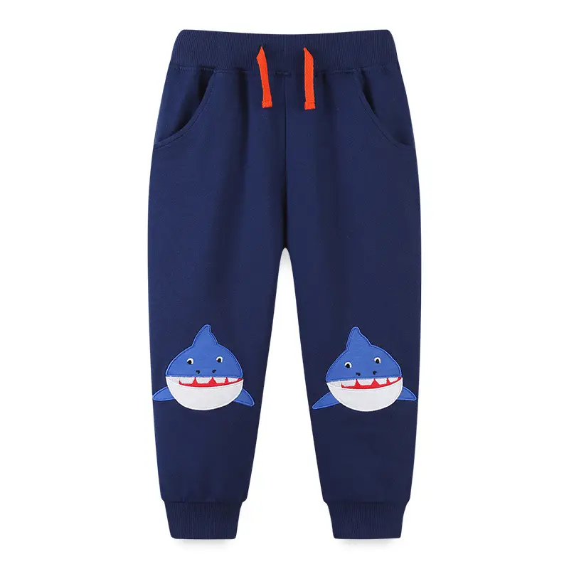 Kids Shark Print Sweatpants Navy Blue with Orange Drawstring
