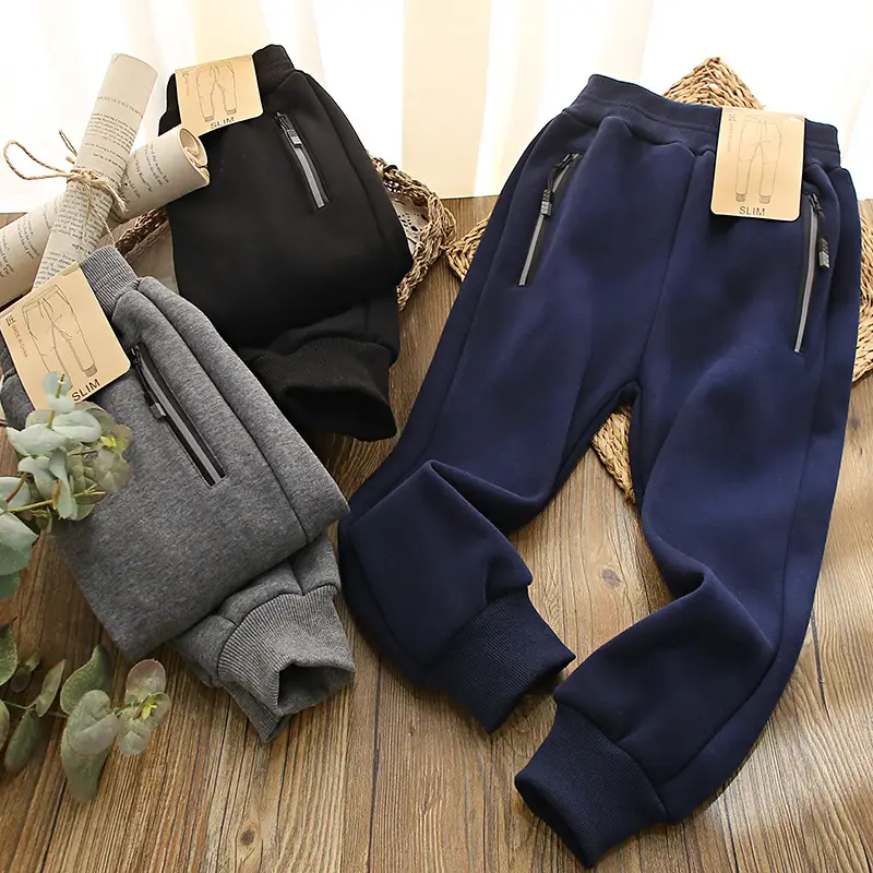 Boys Velvet Zipper Pants Navy Blue Winter Warm Slim Fit