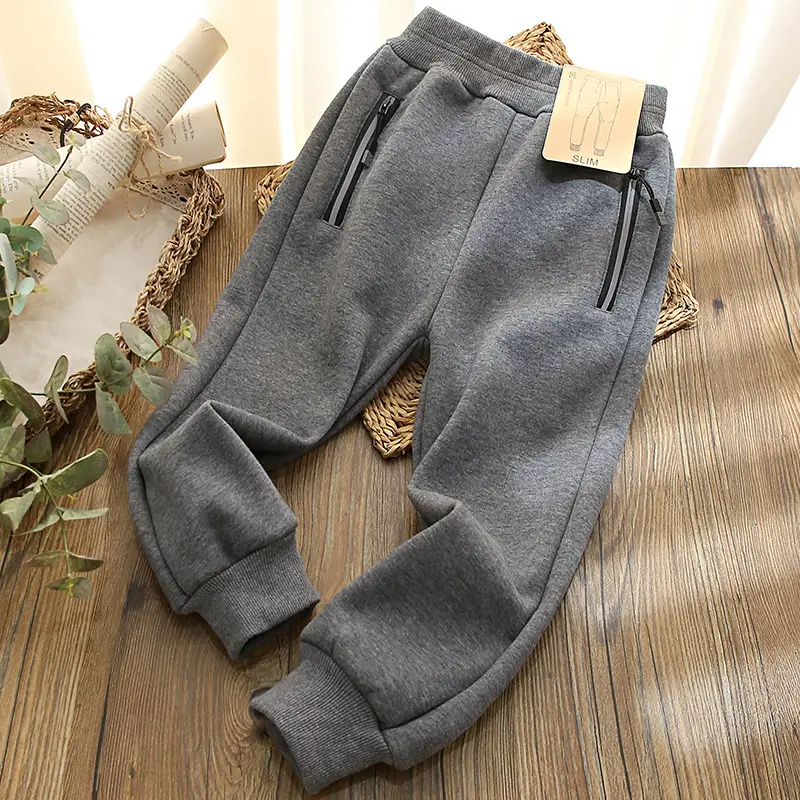 Boys Velvet Zipper Pants Dark Gray Navy Slim Fit