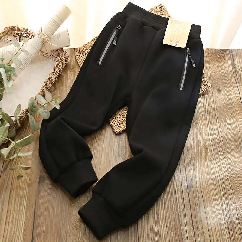 Boys Velvet Zipper Pants Dark Gray Navy Slim Fit