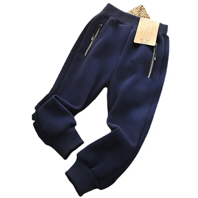 Boys Velvet Zipper Pants Dark Gray Navy Slim Fit