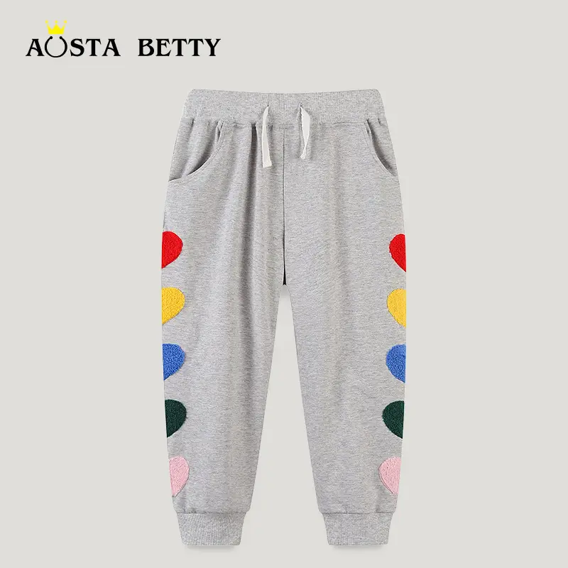 Kids Cotton Pants with Colorful Heart Embroidery Gray