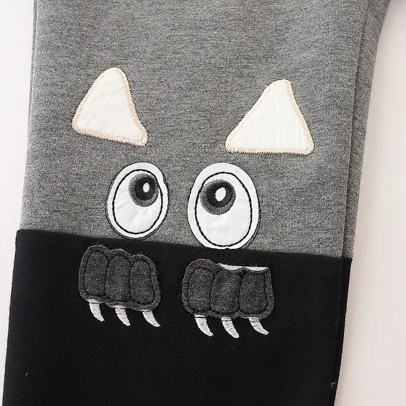 Kids Cartoon Monster Face Sweatpants Grey Black Cotton