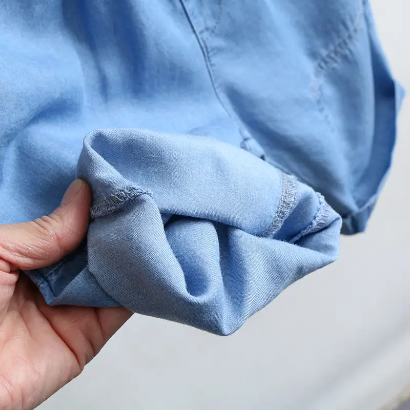 Men Blue Denim Shorts Cargo Pockets Elastic Waist