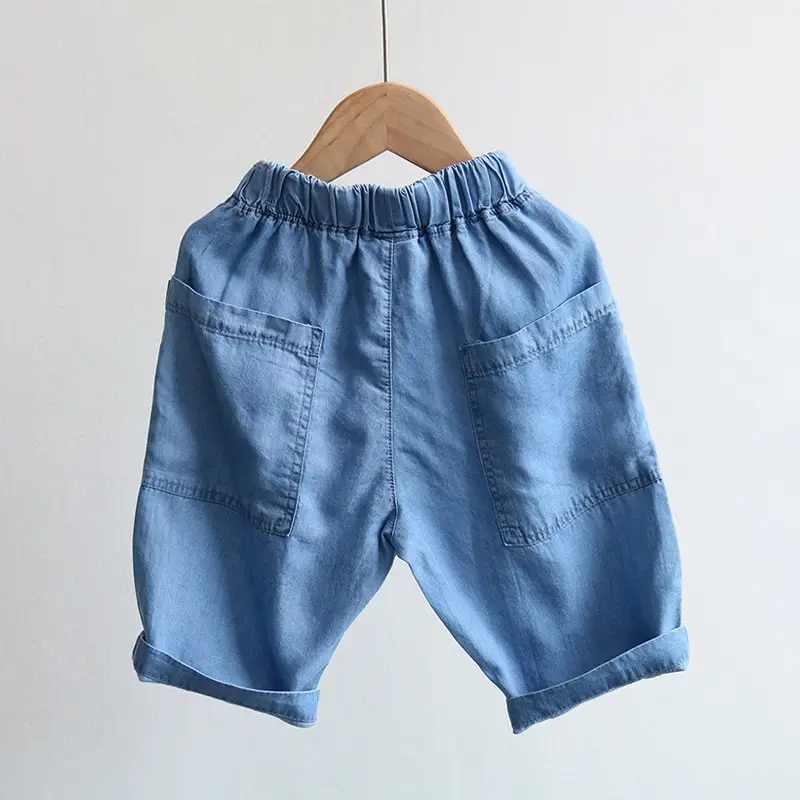 Men Blue Denim Shorts Cargo Pockets Elastic Waist