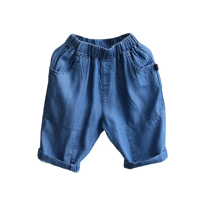 Men Blue Denim Shorts Cargo Pockets Elastic Waist