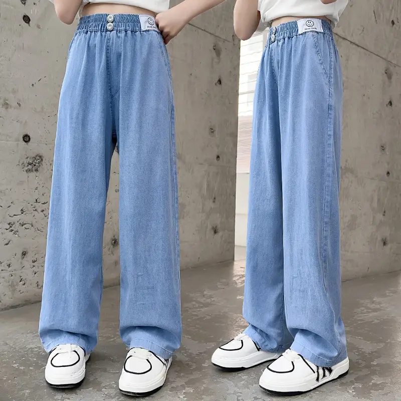Wide Leg Denim Jeans for Girls Blue Summer Casual