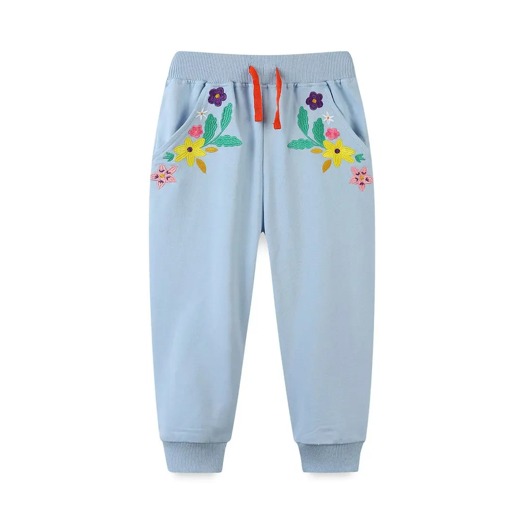 Girls Floral Embroidered Cotton Pants Light Blue