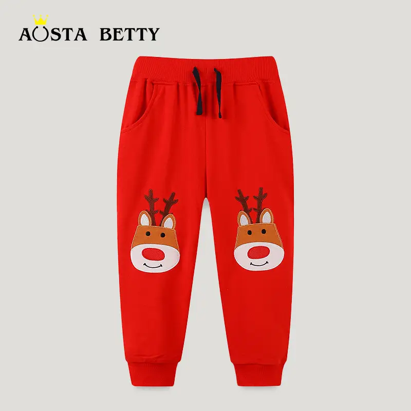Red Kids Sweatpants with Reindeer Embroidery Cotton