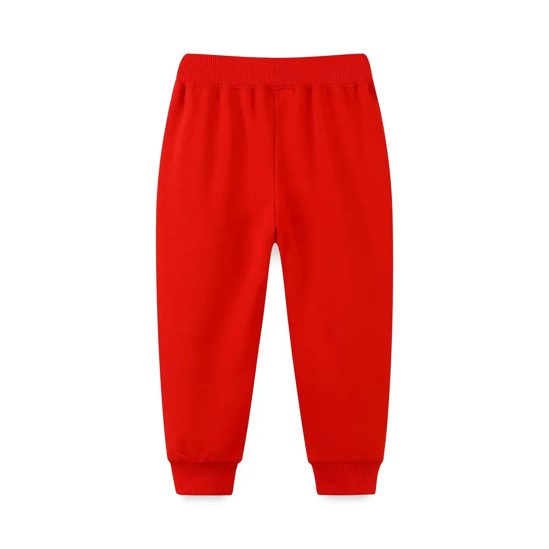 Red Kids Sweatpants with Reindeer Embroidery Cotton