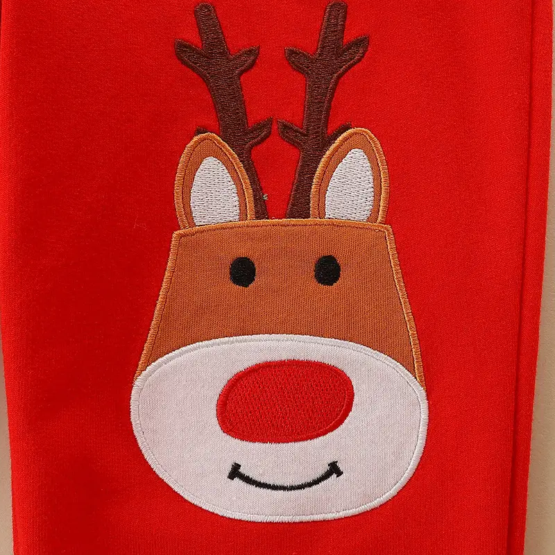 Red Kids Sweatpants with Reindeer Embroidery Cotton