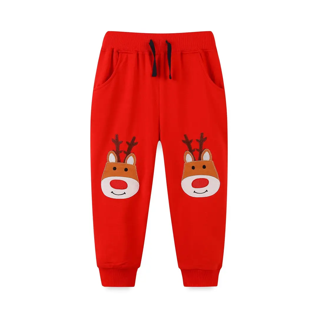 Red Kids Sweatpants with Reindeer Embroidery Cotton