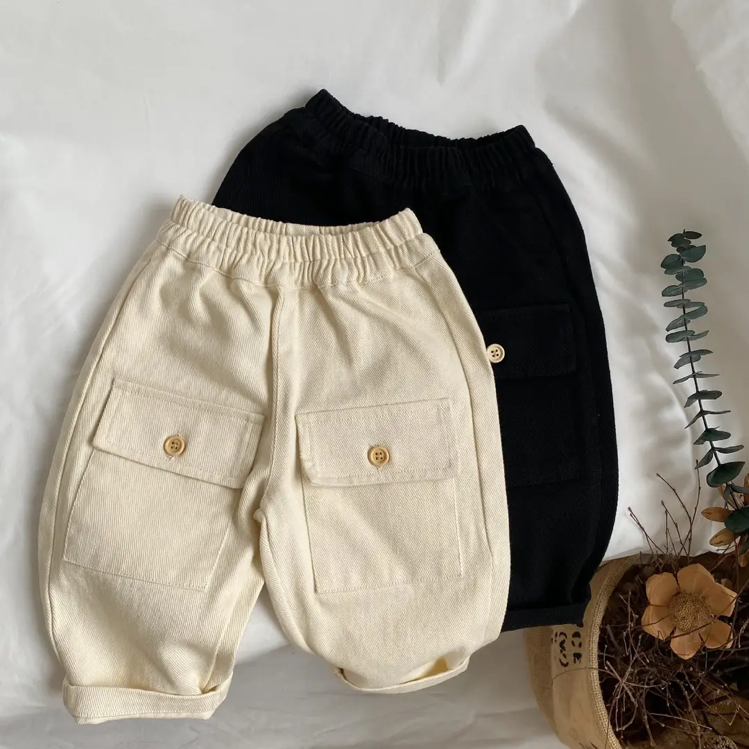 Kids Cargo Pants Beige Black Cotton Washable Flap Pockets