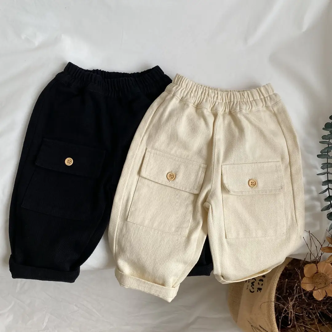Kids Cargo Pants Beige Black Cotton Washable Flap Pockets