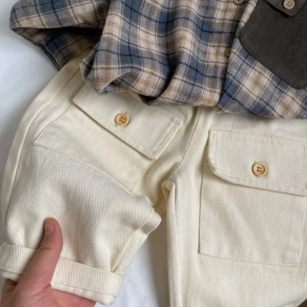 Kids Cargo Pants Beige Black Cotton Washable Flap Pockets