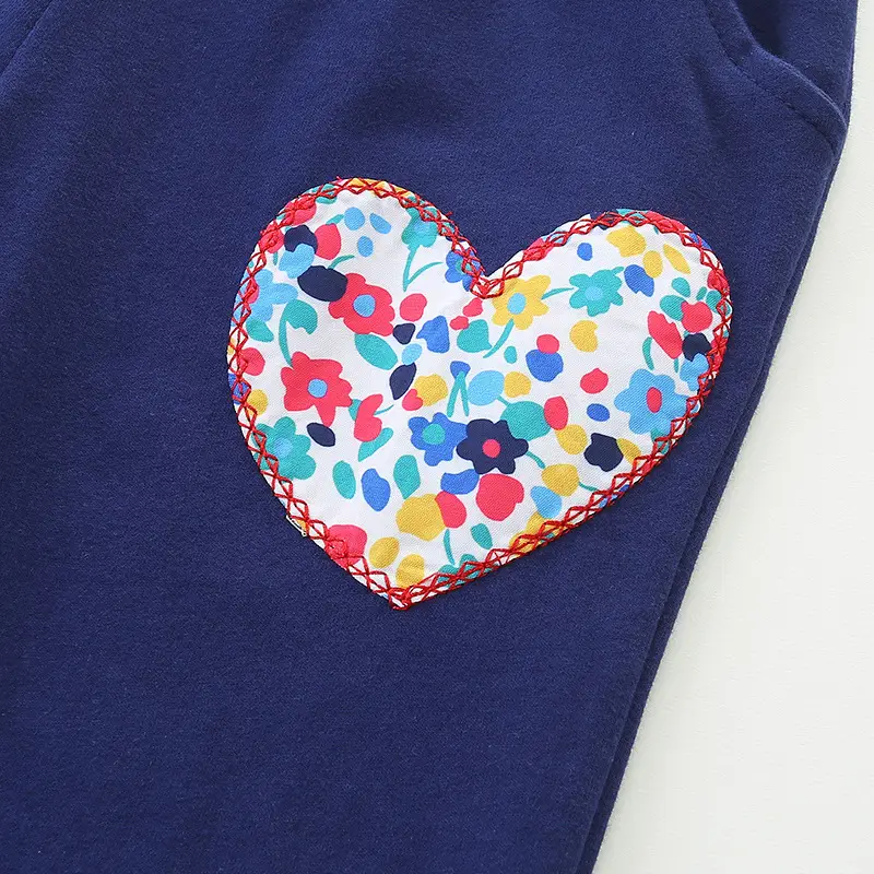 Girls Cotton Heart Embroidered Trousers Navy Blue