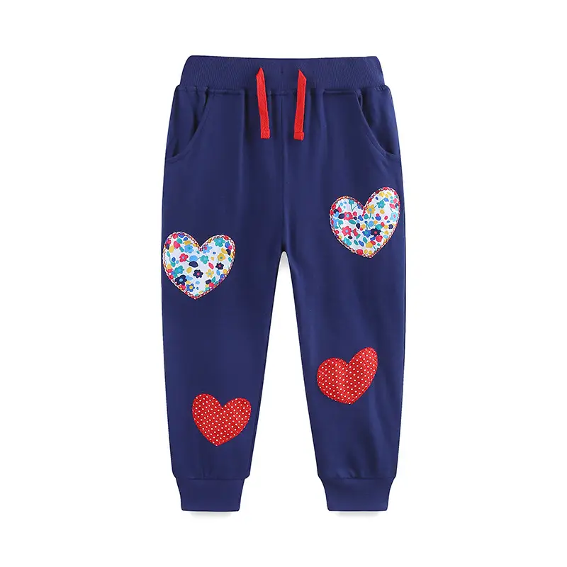 Girls Cotton Heart Embroidered Trousers Navy Blue