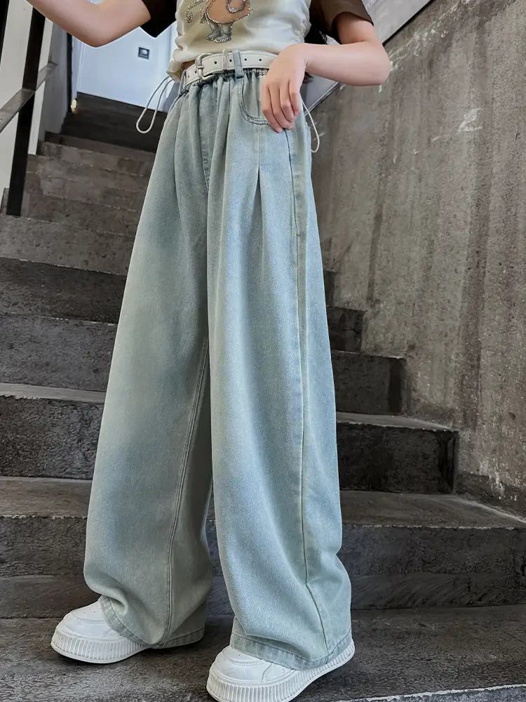 Wide Leg Jeans for Kids Light Blue Cotton Autumn Wear