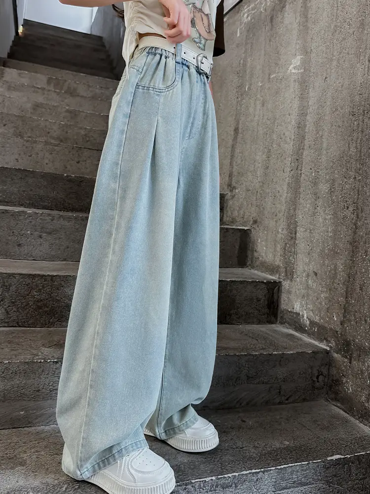 Wide Leg Jeans for Kids Light Blue Cotton Autumn Wear