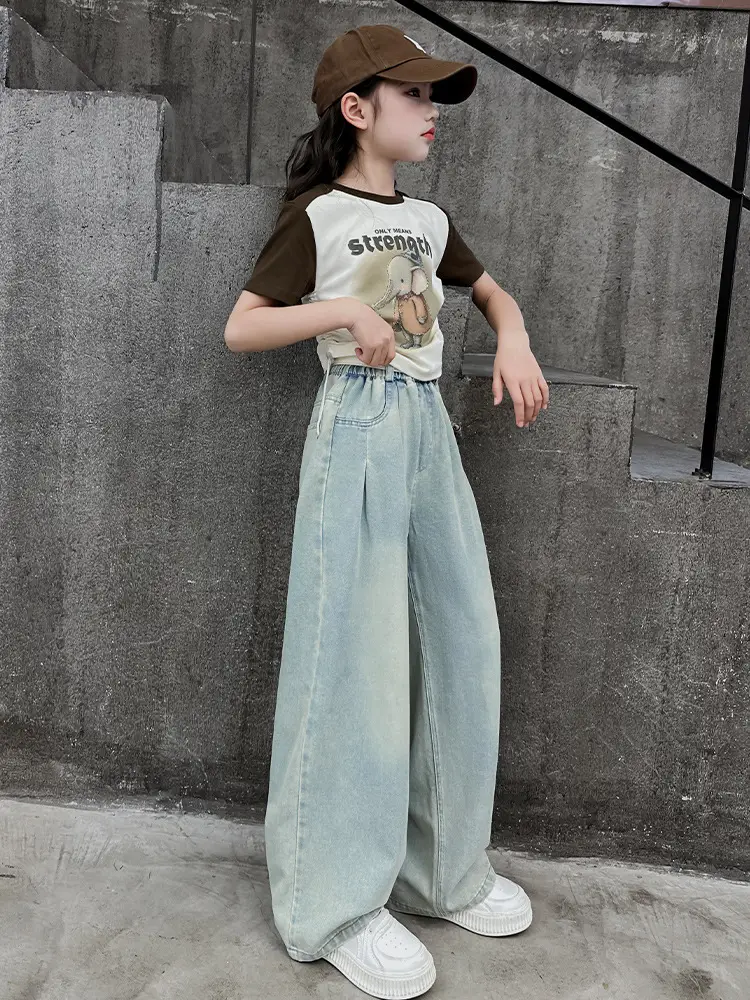 Wide Leg Jeans for Kids Light Blue Cotton Autumn Wear