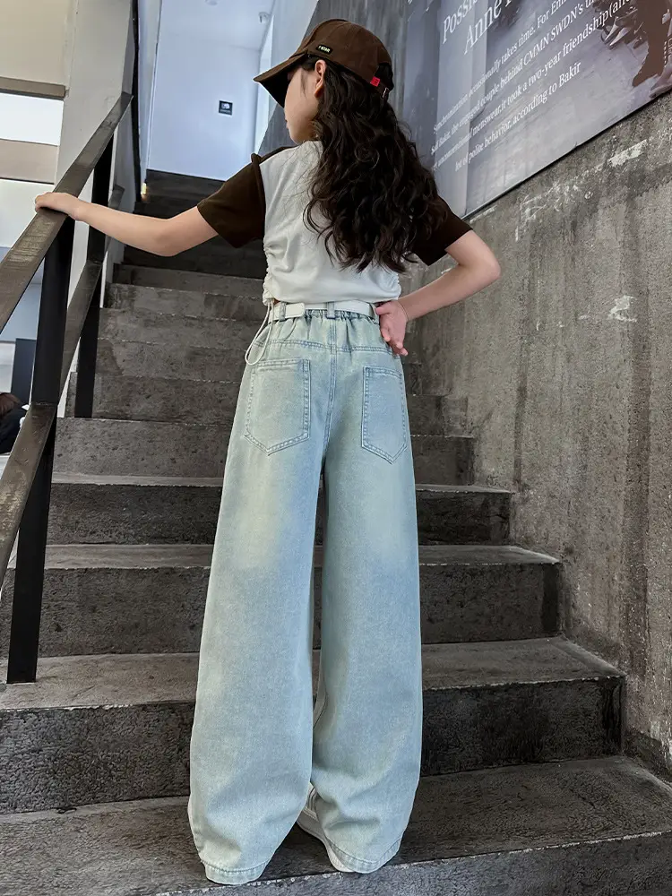 Wide Leg Jeans for Kids Light Blue Cotton Autumn Wear