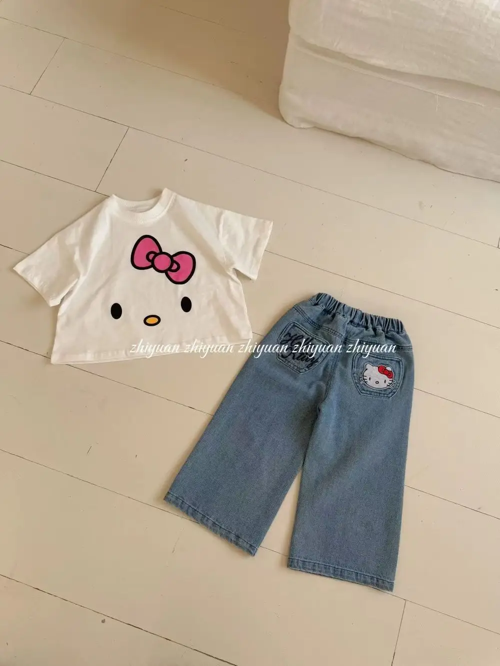 Hello Kitty Denim Wide Leg Pants for Kids Spring Autumn