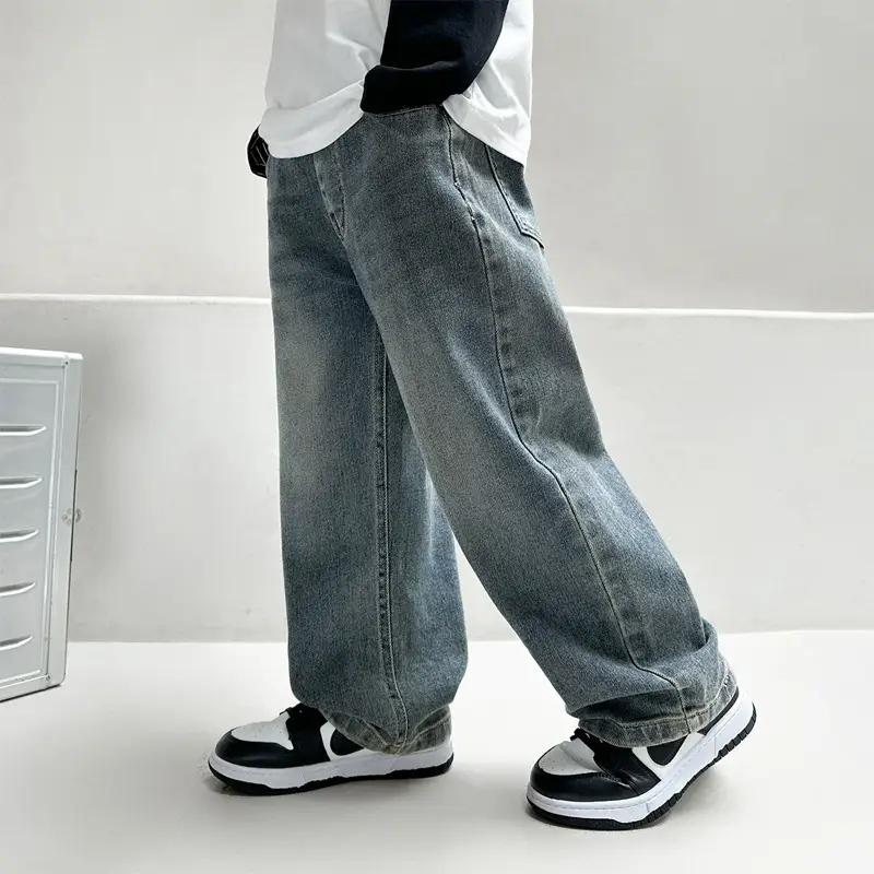 Wide Leg Denim Jeans for Kids Solid Blue Pakistan
