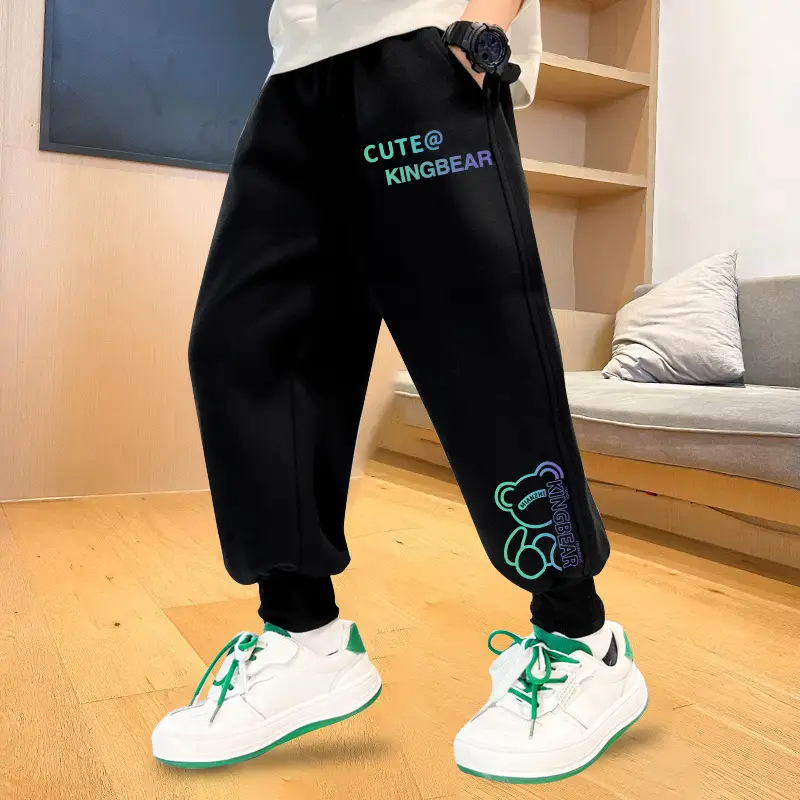 Black Velvet Sweatpants for Kids with CUTE@KINGBEAR Print