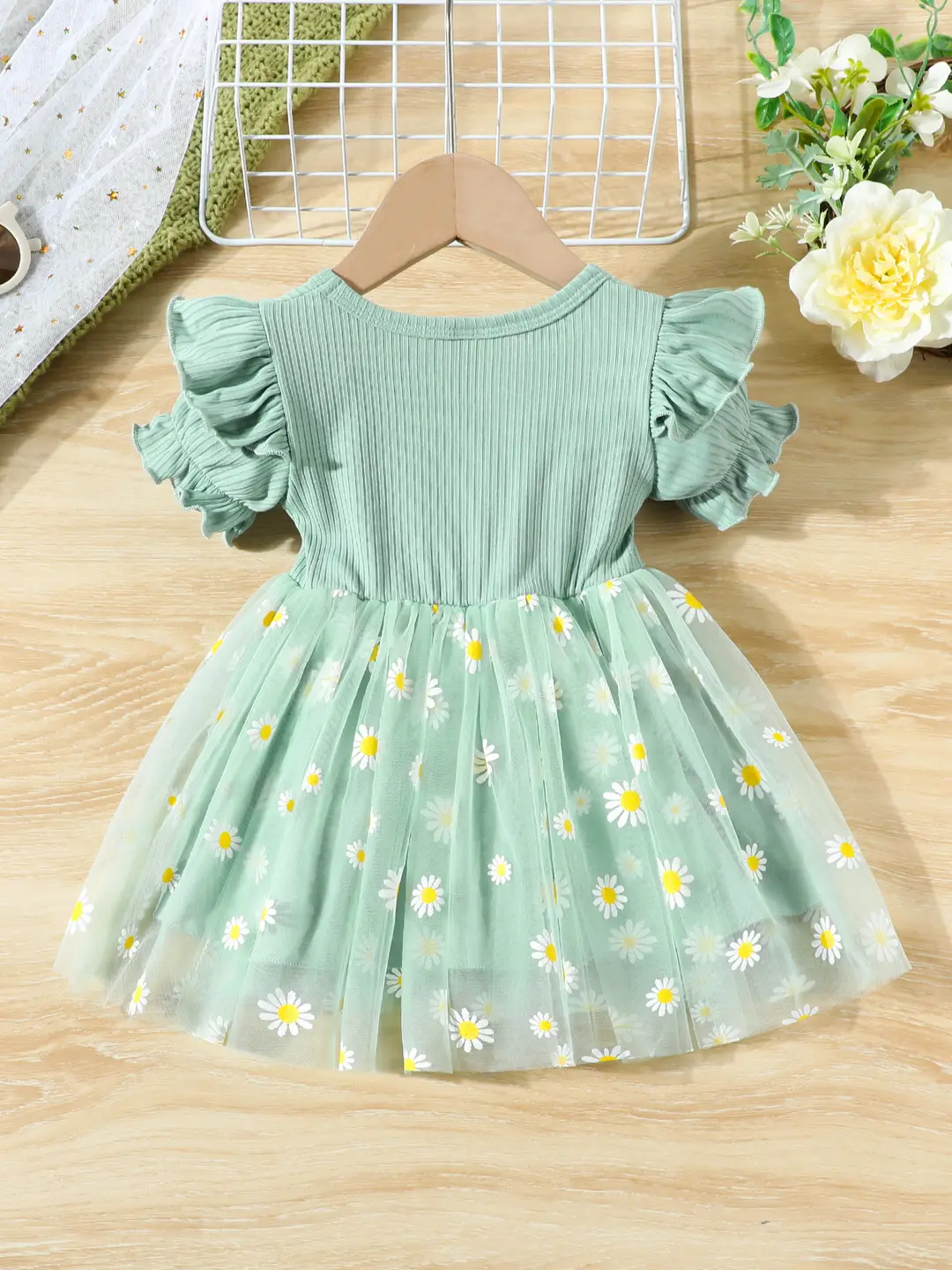 Light Green Daisy Print Tulle Dress for Girls 3-6M