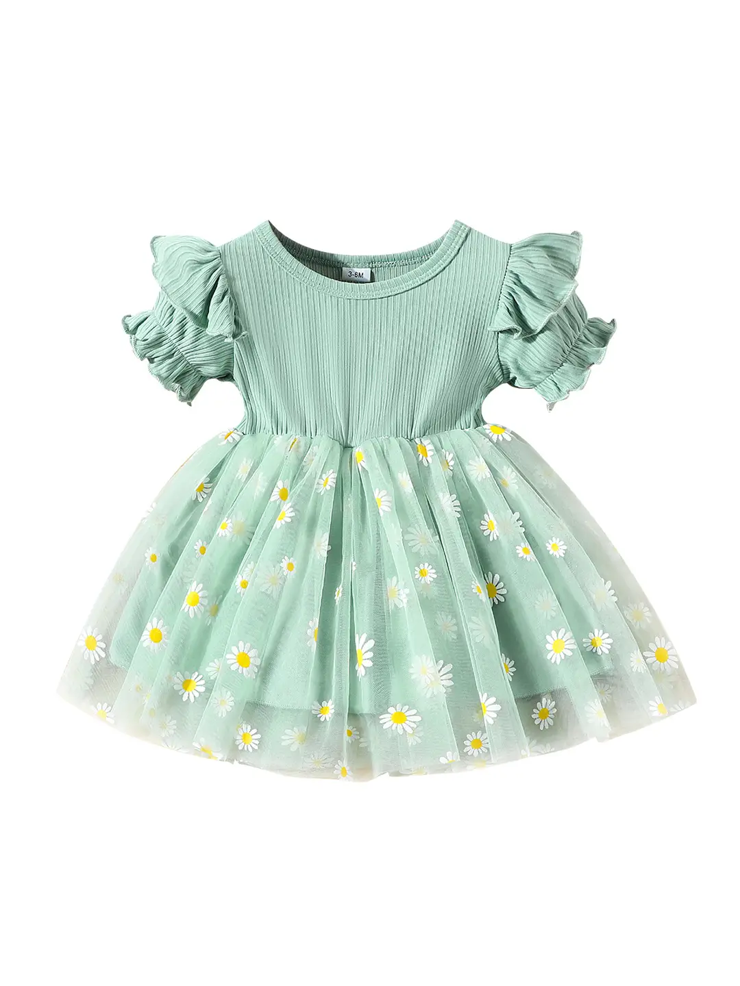 Light Green Daisy Print Tulle Dress for Girls 3-6M