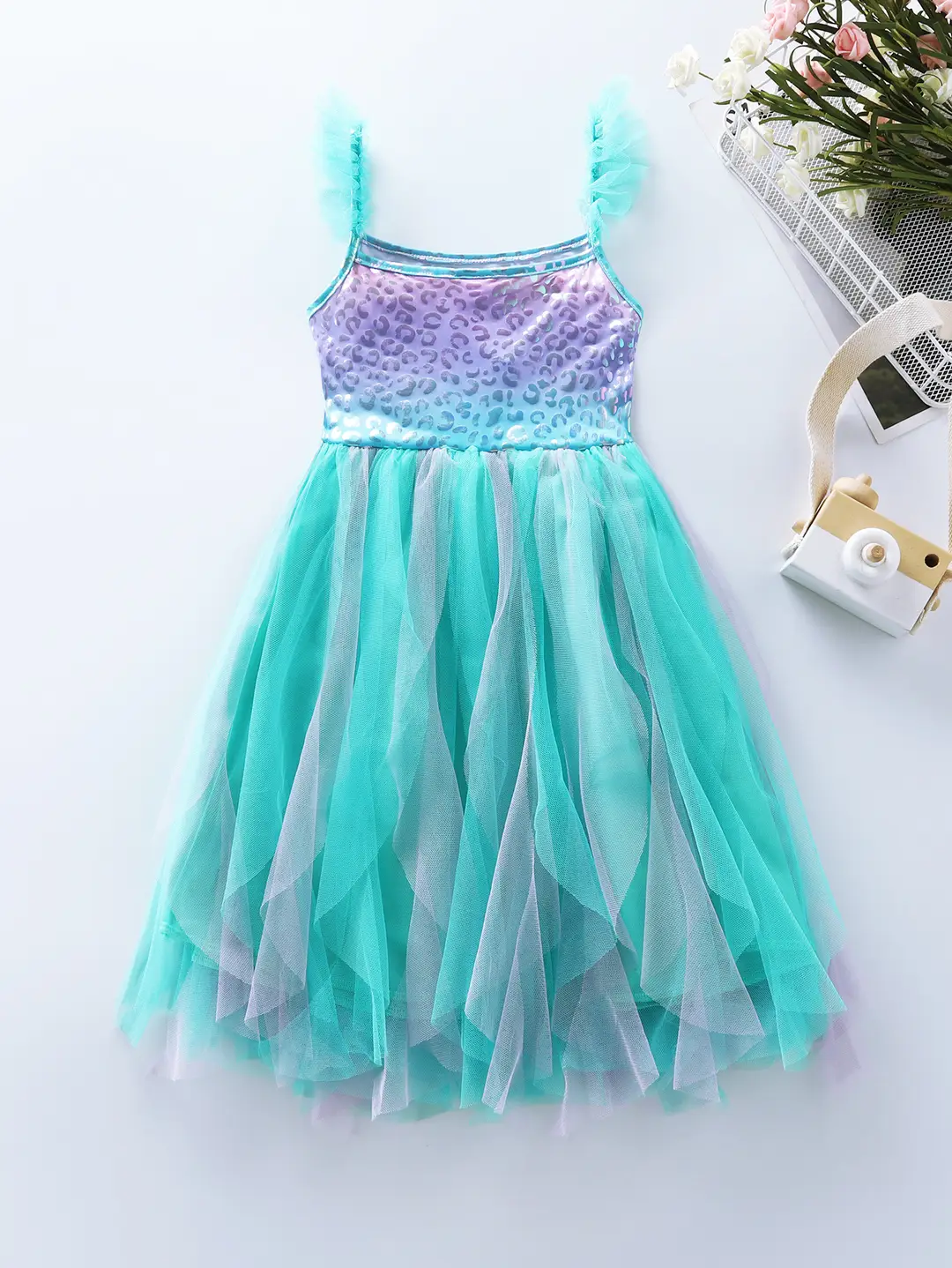 Lake Blue Sleeveless Tulle Dress for Girls Summer Party Wear