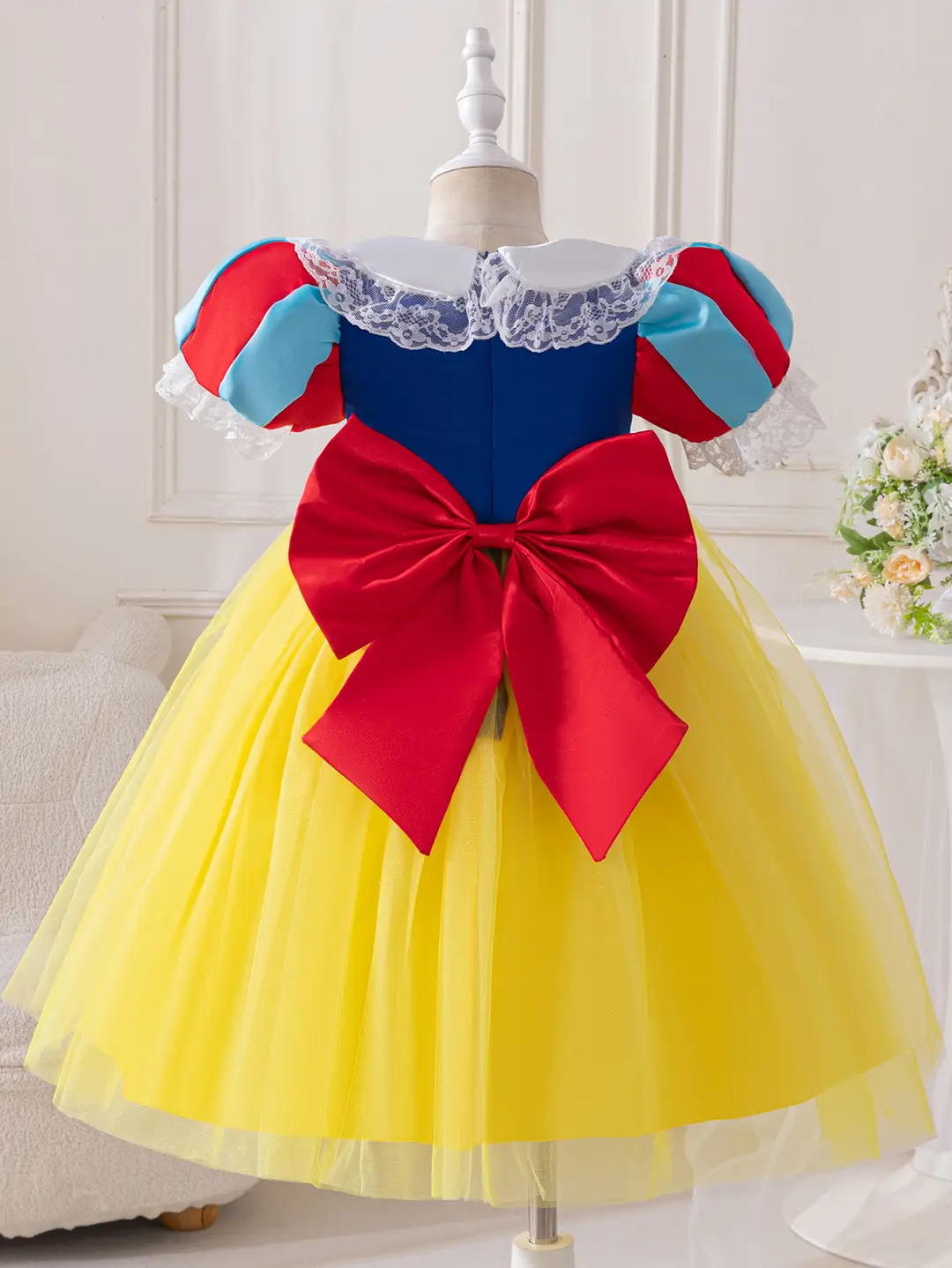 Snow White Princess Dress Yellow Tulle Skirt Blue Bow