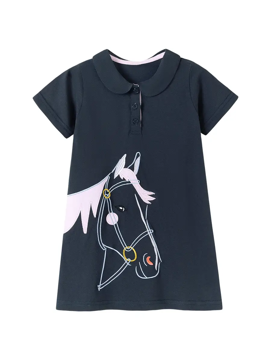 Kids Polo Dress Black Horse Print Summer Wear