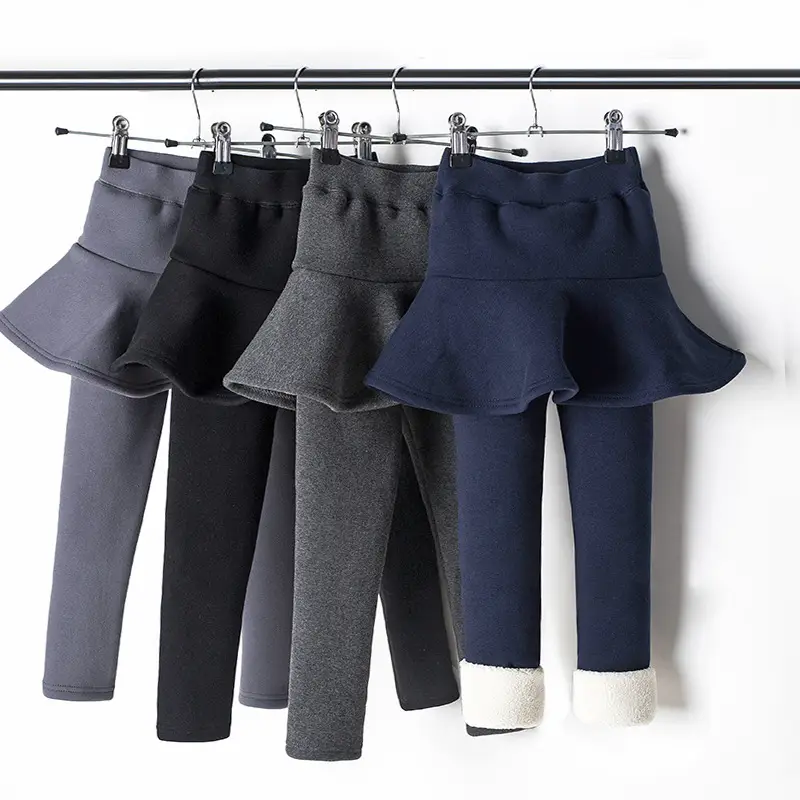 Kids Fleece Lined Flared Skirt Leggings Solid Colors