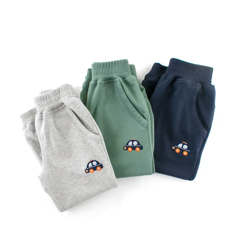 Kids Cotton Car Embroidered Pants Grey Green Navy