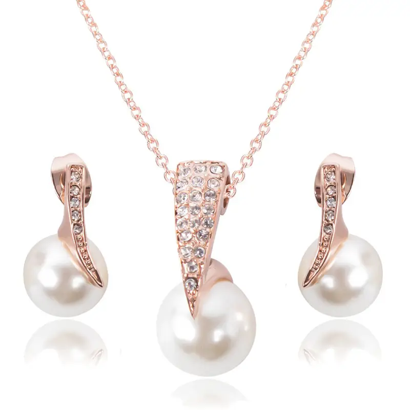 Rose Gold Pearl & Diamond Bridal Necklace Set