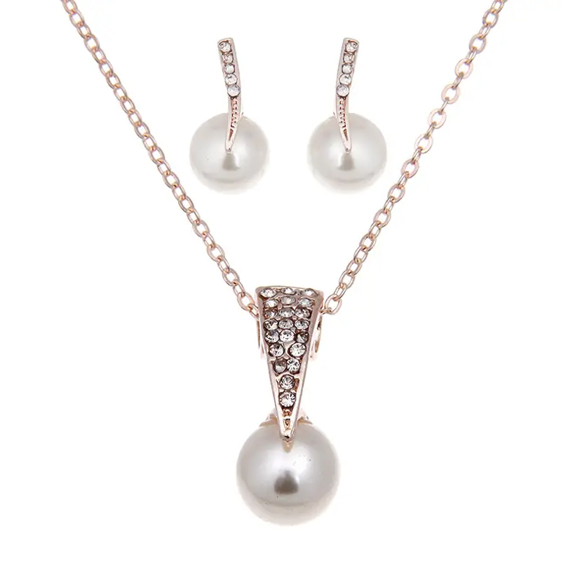 Rose Gold Pearl & Diamond Bridal Necklace Set