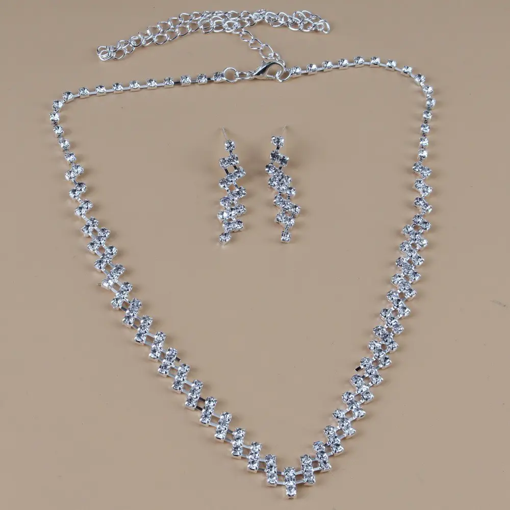 Silver Plated Rhinestone Necklace & Earrings Set for Weddings