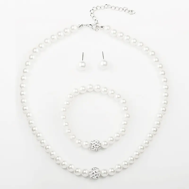 White Pearl Necklace Bracelet Earrings Set for Women