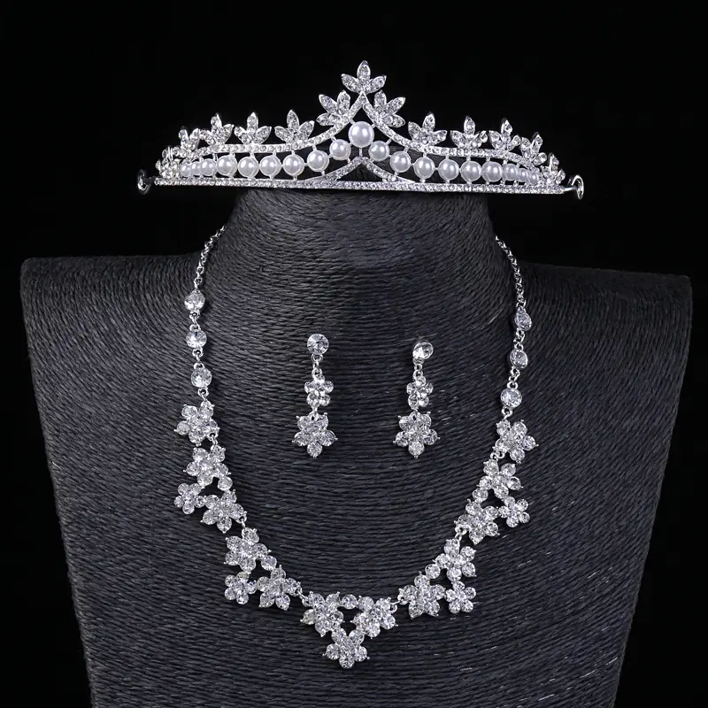 Pakistani Bridal Crown Necklace Earrings Set with Rhinestones