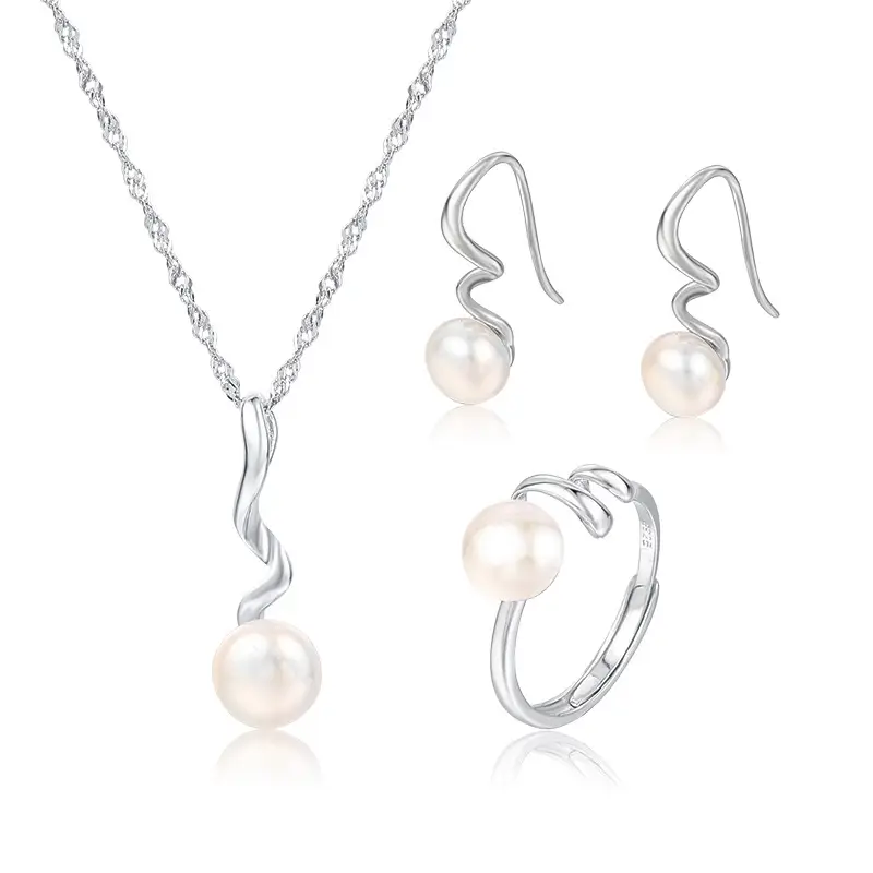 Pearl Necklace Earrings Ring Set Silver 144