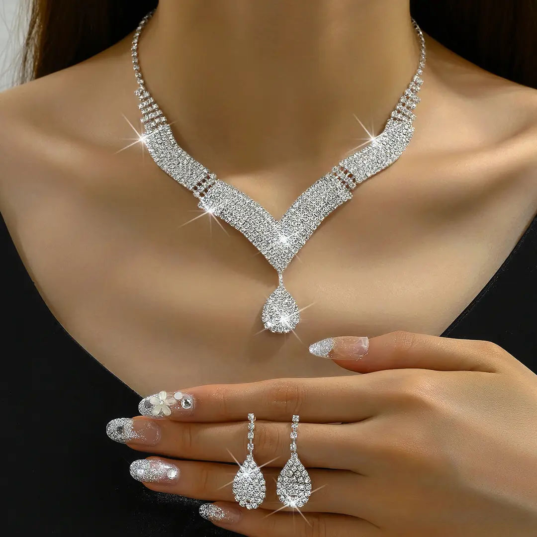White Crystal V-Neck Necklace & Teardrop Earrings Set