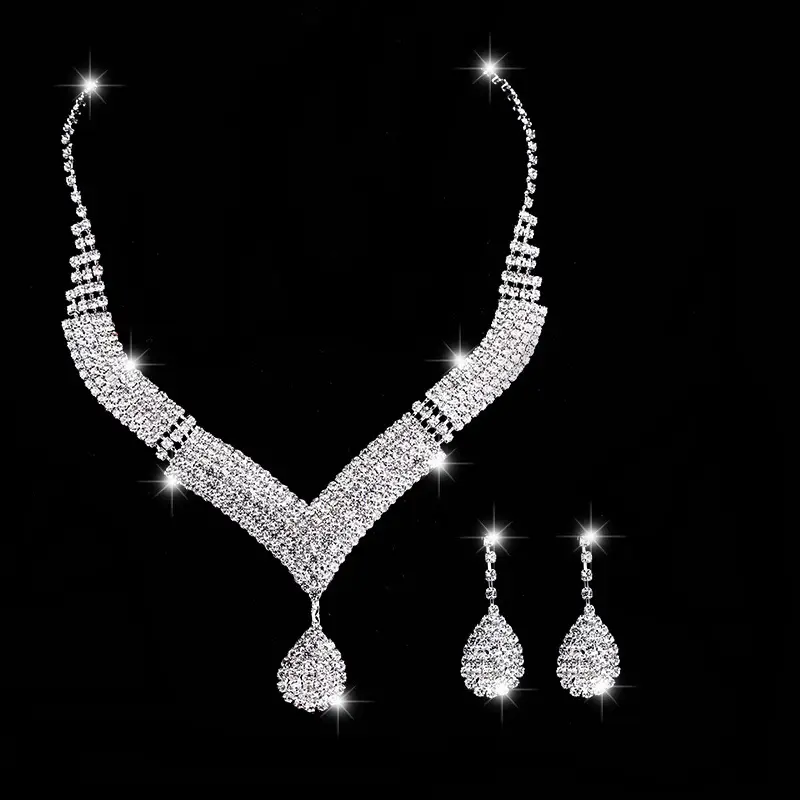 White Crystal V-Neck Necklace & Teardrop Earrings Set
