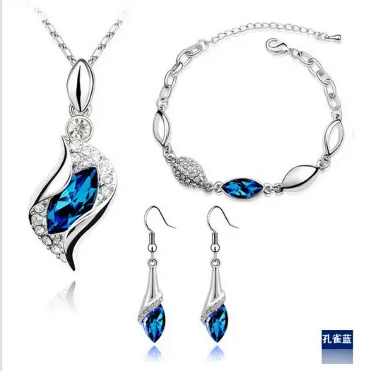Blue Crystal Jewelry Set for Women Silver Tones