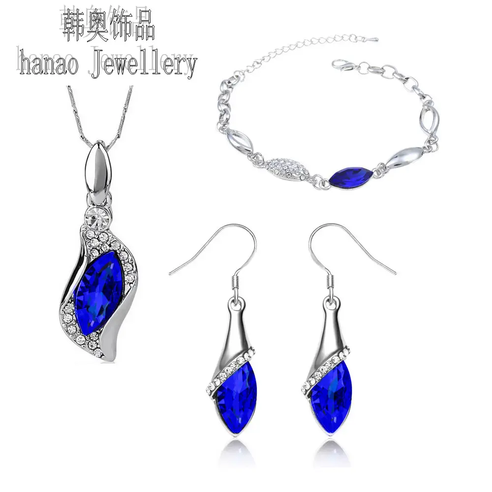 Blue Crystal Jewelry Set for Women Silver Tones