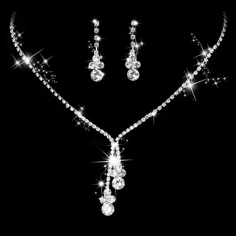 Zircon Rhinestone Necklace & Earrings Set for Weddings Parties